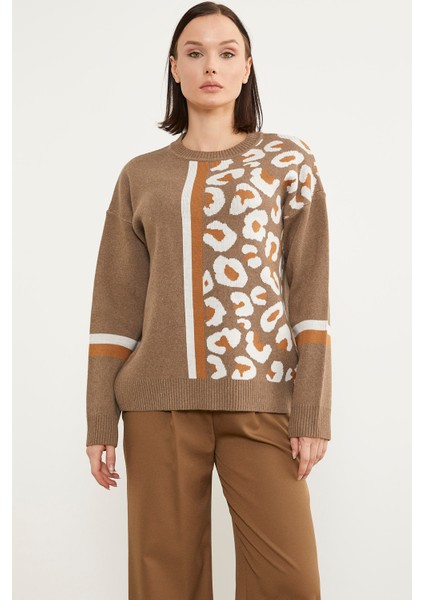 Renkli Leopar Kombinli Triko Kazak - Sütlü Kahve