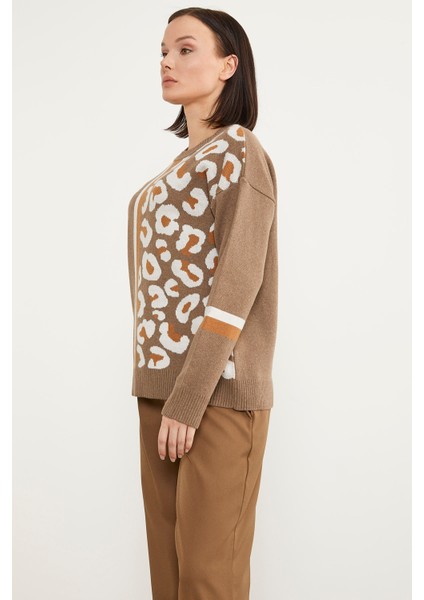 Renkli Leopar Kombinli Triko Kazak - Sütlü Kahve fiyatları