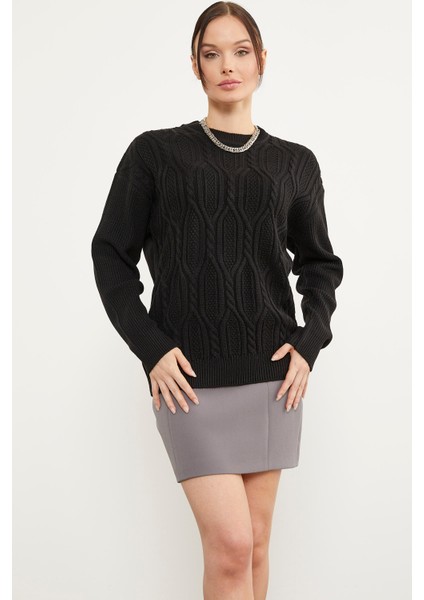 Oversize Kabartma Desenli Triko Kazak - Siyah