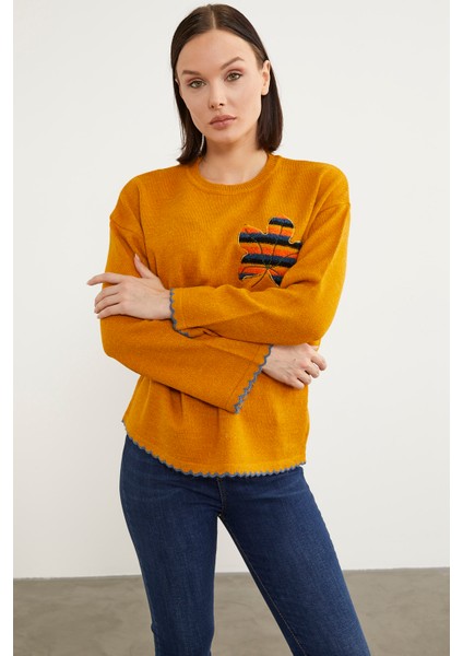 Yaprak Motifli Bohem Triko Kazak - Güneş