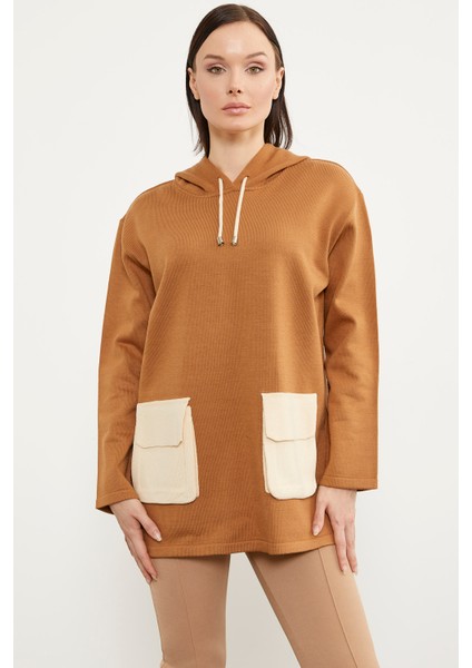 Renkli Cepli Oversize Triko Kazak - Kamel