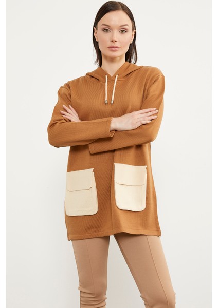 Renkli Cepli Oversize Triko Kazak - Kamel modelleri