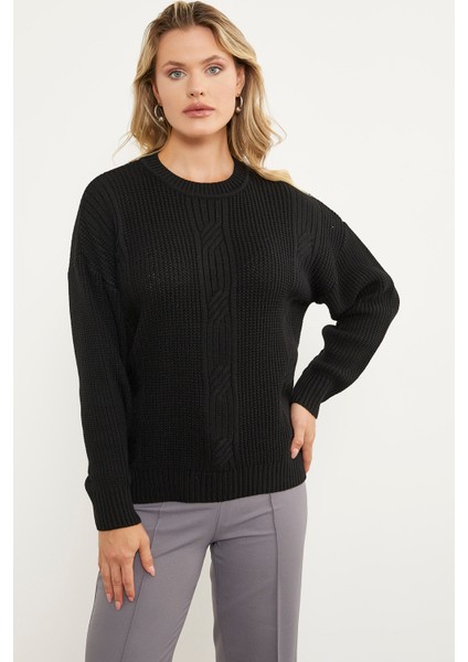 Petek Desenli Oversize Triko Kazak - Siyah