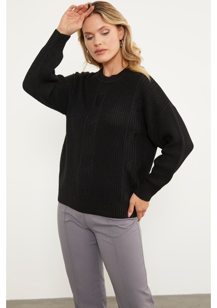 Petek Desenli Oversize Triko Kazak - Siyah