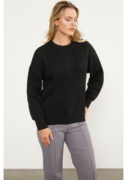Petek Desenli Oversize Triko Kazak - Siyah