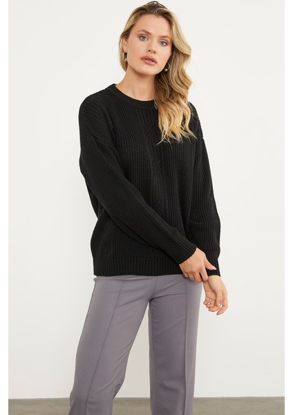 Petek Desenli Oversize Triko Kazak - Siyah