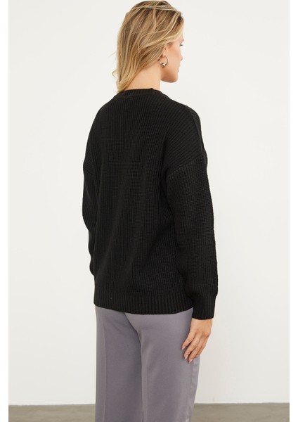Petek Desenli Oversize Triko Kazak - Siyah
