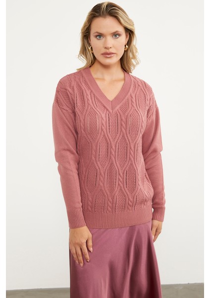 V Yaka Motifli Triko Kazak - Gül