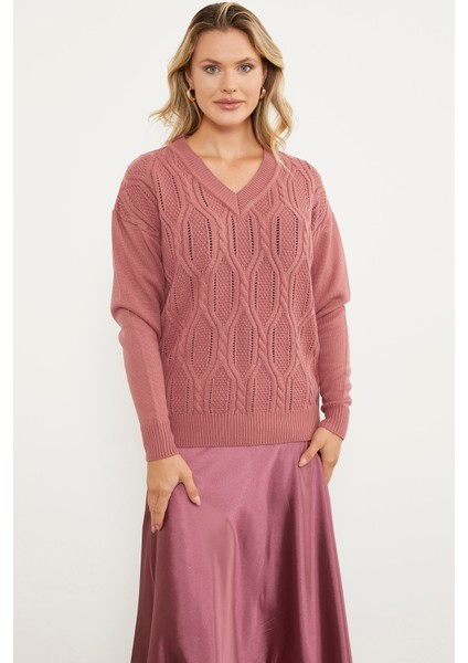 V Yaka Motifli Triko Kazak - Gül fiyatları