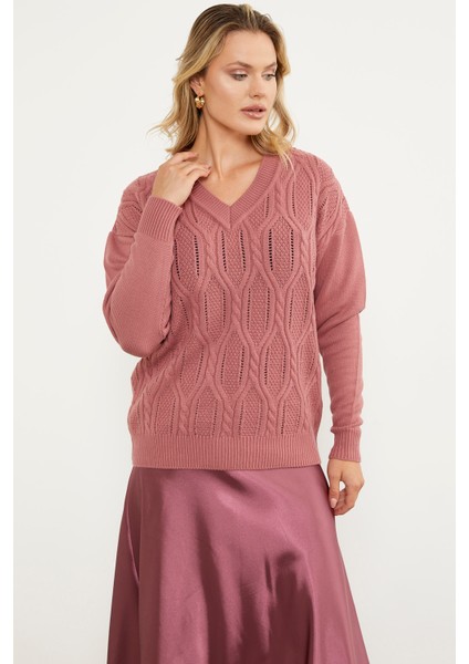 V Yaka Motifli Triko Kazak - Gül modelleri