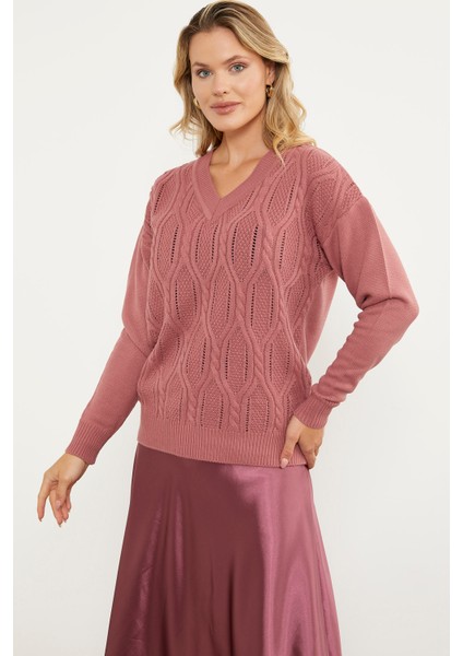 V Yaka Motifli Triko Kazak - Gül fırsatları