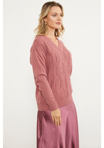 V Yaka Motifli Triko Kazak - Gül indirimleri