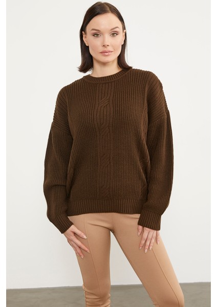 Petek Desenli Oversize Triko Kazak - Kahve