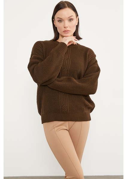 Petek Desenli Oversize Triko Kazak - Kahve