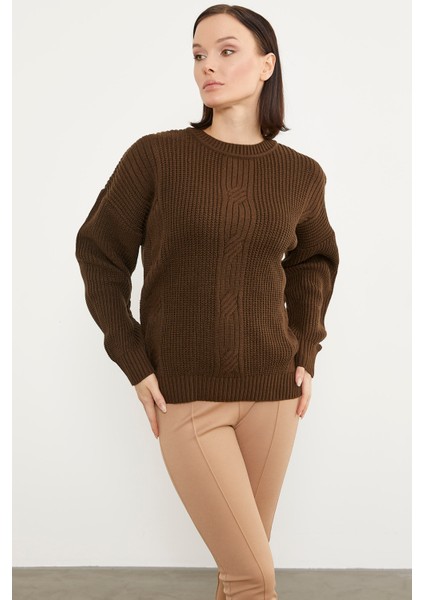 Petek Desenli Oversize Triko Kazak - Kahve