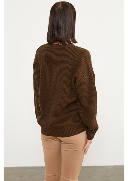Petek Desenli Oversize Triko Kazak - Kahve