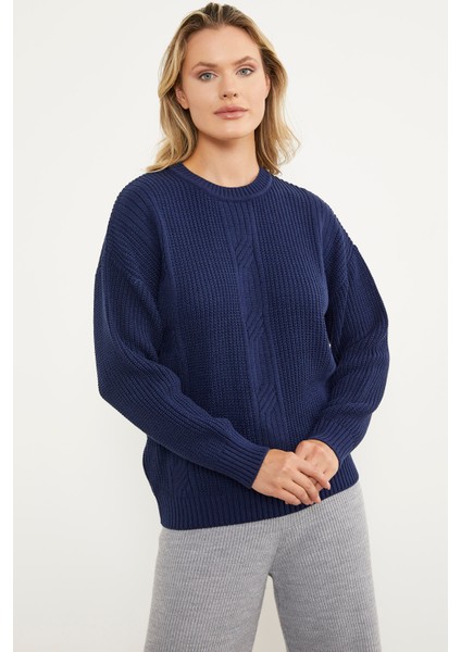 Petek Desenli Oversize Triko Kazak - Lacivert