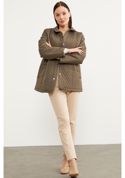 Çıt Çıtlı Gömlek Yaka Kapitone Mont - Haki