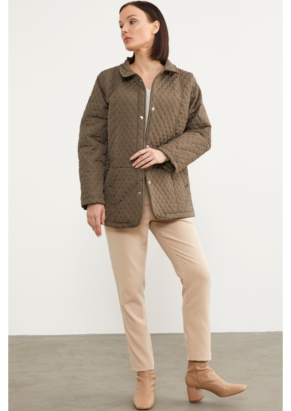 Çıt Çıtlı Gömlek Yaka Kapitone Mont - Haki fiyatları