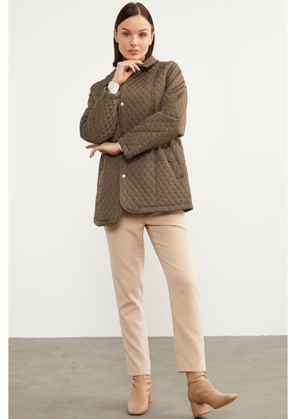 Çıt Çıtlı Gömlek Yaka Kapitone Mont - Haki fırsatları