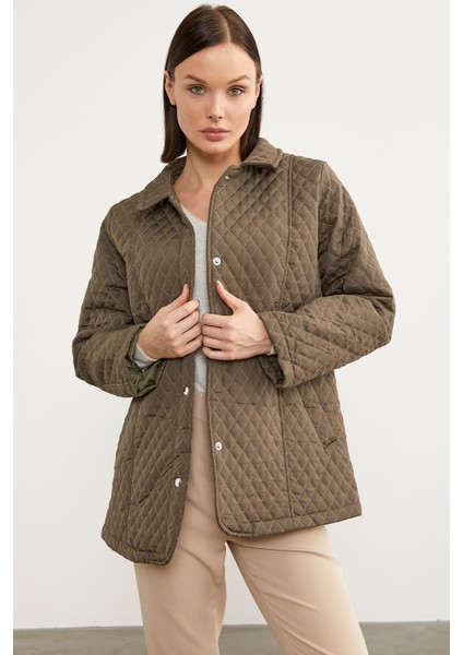 Çıt Çıtlı Gömlek Yaka Kapitone Mont - Haki indirimleri