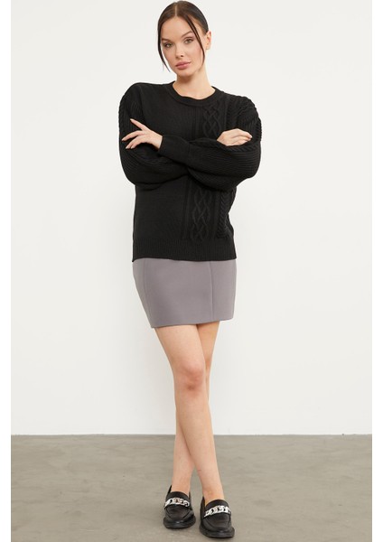 Prenses Kol Örgü Detaylı Triko Kazak - Siyah modelleri