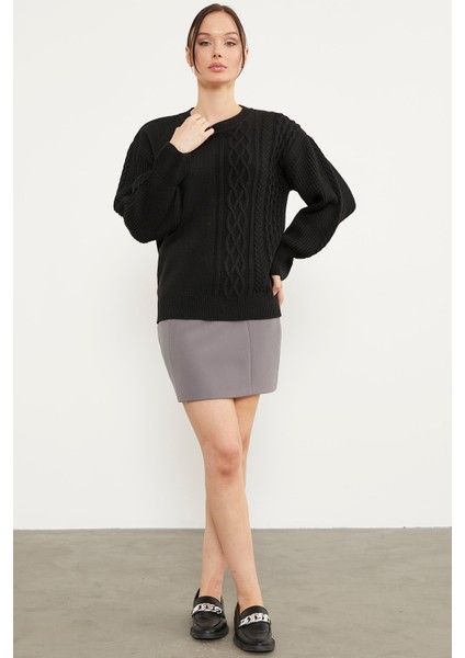 Prenses Kol Örgü Detaylı Triko Kazak - Siyah fırsatları