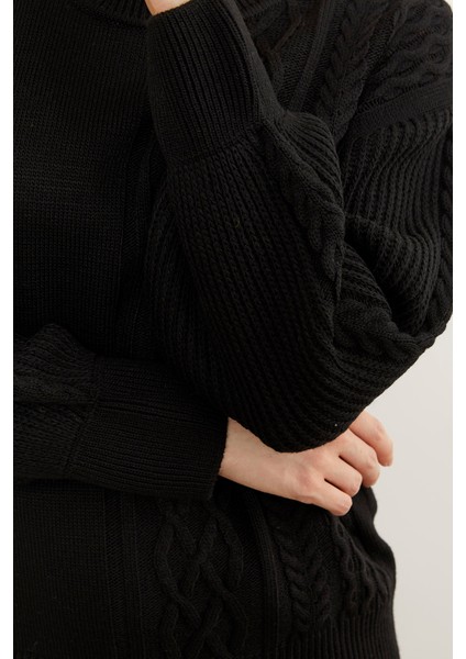 Prenses Kol Örgü Detaylı Triko Kazak - Siyah indirimleri