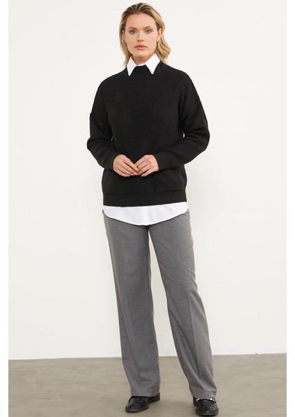 Petek Örgü Dik Yaka Triko Kazak - Siyah
