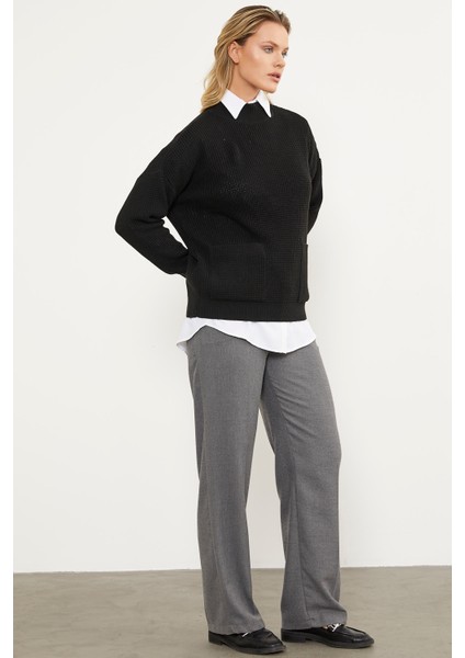Petek Örgü Dik Yaka Triko Kazak - Siyah modelleri
