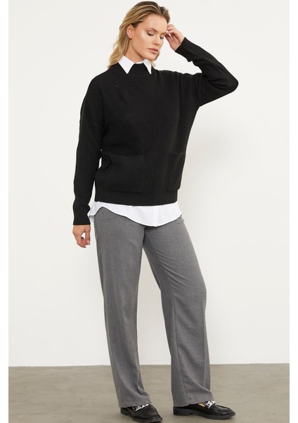 Petek Örgü Dik Yaka Triko Kazak - Siyah fırsatları