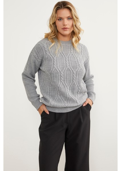 Oversize Kabartma Desenli Triko Kazak - Gri