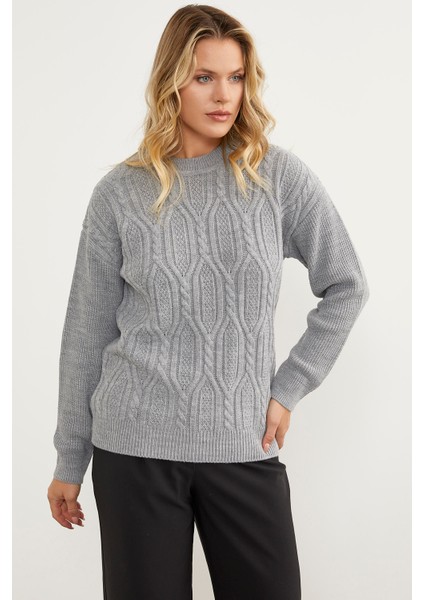 Oversize Kabartma Desenli Triko Kazak - Gri modelleri