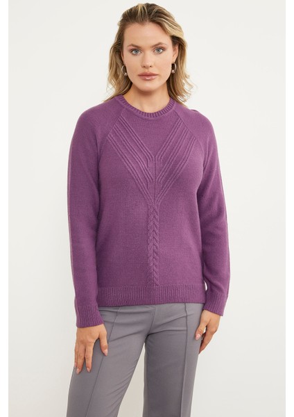 Arkası Uzun Önü Örgü Detaylı Triko Kazak - Lila