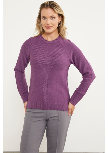 Arkası Uzun Önü Örgü Detaylı Triko Kazak - Lila modelleri
