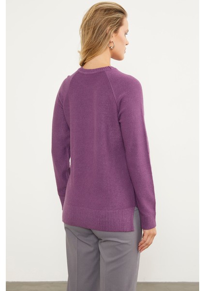 Arkası Uzun Önü Örgü Detaylı Triko Kazak - Lila fırsatları