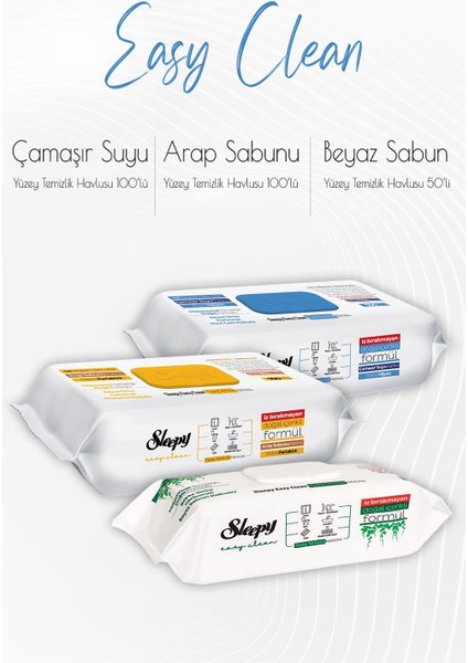 Easy Clean Yüzey Temizlik Havlusu 50'li ,çamaşır Suyu Katkılı 100'LÜ ve Arap Sabunu Katkılı 100' Lü