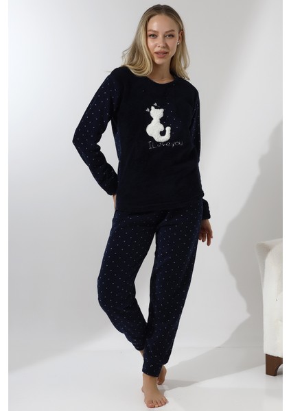 F3011 Peluş Welsoft Polar Kışlık Kadın Ev Kedi Işlemli Pijama Takımı