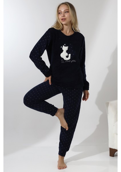 F3011 Peluş Welsoft Polar Kışlık Kadın Ev Kedi Işlemli Pijama Takımı
