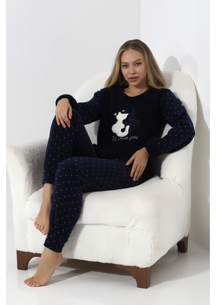 F3011 Peluş Welsoft Polar Kışlık Kadın Ev Kedi Işlemli Pijama Takımı