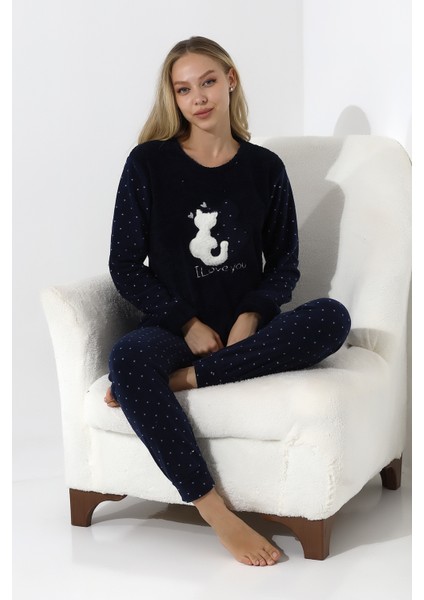 F3011 Peluş Welsoft Polar Kışlık Kadın Ev Kedi Işlemli Pijama Takımı