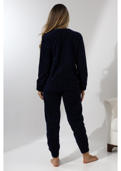 F3011 Peluş Welsoft Polar Kışlık Kadın Ev Kedi Işlemli Pijama Takımı