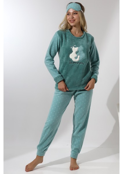 F3011 Peluş Welsoft Polar Kışlık Kadın Ev Kedi Işlemli Pijama Takımı