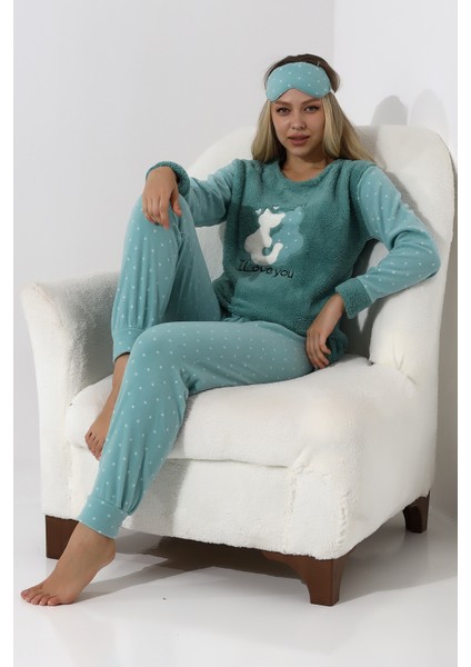 F3011 Peluş Welsoft Polar Kışlık Kadın Ev Kedi Işlemli Pijama Takımı