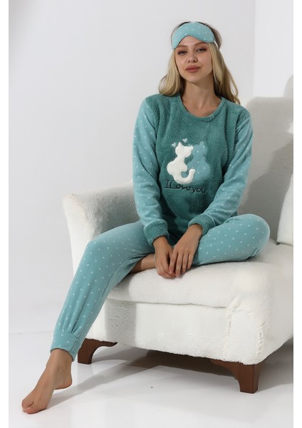 F3011 Peluş Welsoft Polar Kışlık Kadın Ev Kedi Işlemli Pijama Takımı