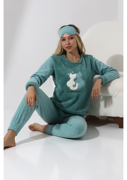 F3011 Peluş Welsoft Polar Kışlık Kadın Ev Kedi Işlemli Pijama Takımı
