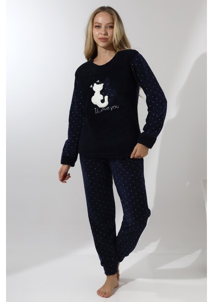F3011 Peluş Welsoft Polar Kışlık Kadın Ev Kedi Işlemli Pijama Takımı