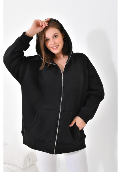 Kadın Oversize 3 İp Şardonlu Fermuarlı Sweatshırt Siyah 10002