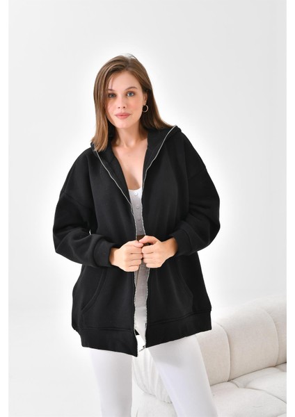 Kadın Oversize 3 İp Şardonlu Fermuarlı Sweatshırt Siyah 10002