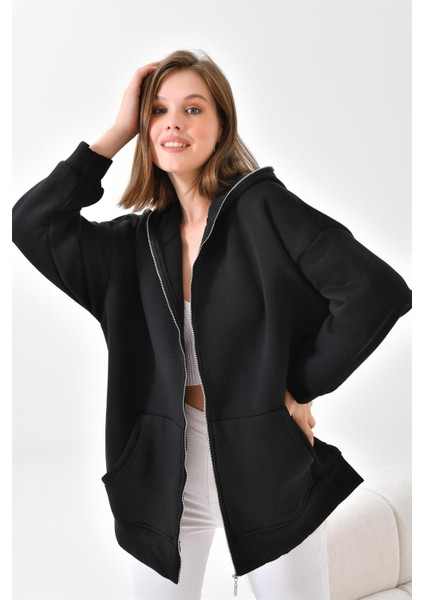 Kadın Oversize 3 İp Şardonlu Fermuarlı Sweatshırt Siyah 10002